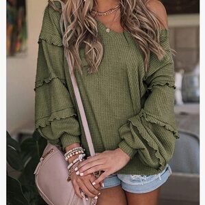 V Neck Long Sleeve Blouse with Ruffles